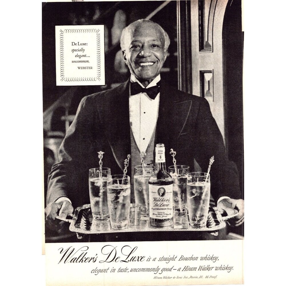 1952 Walker's DeLuxe Bourbon Whiskey Vintage Print Ad Formal Bar Waiter Wall Art